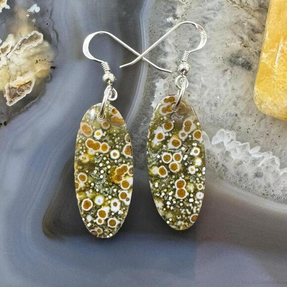 Sterling Silver Oval River Jasper Slab Dangle Earrings For Women #202 - Picture 1 of 10